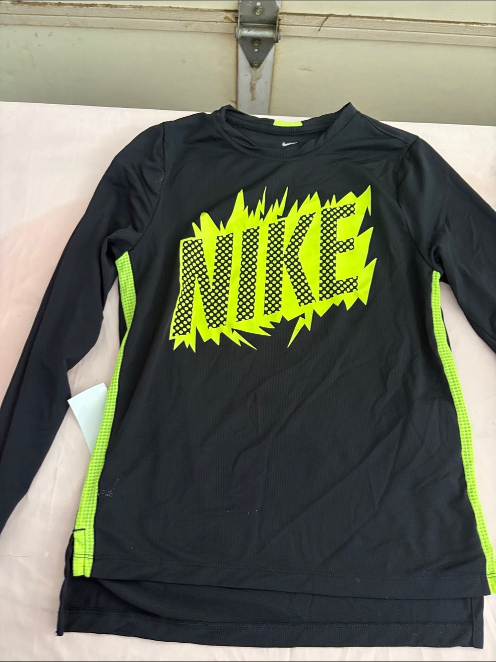 Nike Kids Black Long-Sleeve Performance Top with Neon Green Logo